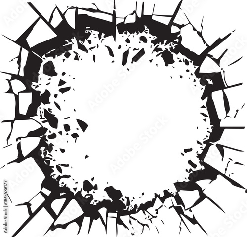 Shattered Circle: A stark black and white depiction of a shattered circle, evoking a sense of destruction and fragmentation.