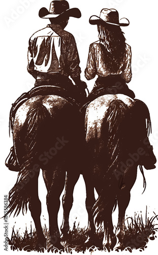 Western Romance: Two figures on horseback, bathed in the warmth of the setting sun, riding into the horizon. Capturing the essence of freedom and partnership.