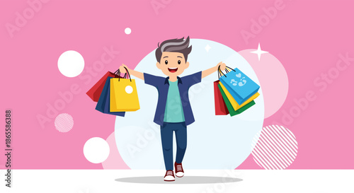Happy young boy walking forward with a cheerful smile, holding multiple colorful shopping bags in both hands against a pink decorative background.