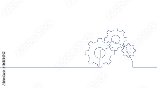 Continuous line connected gears illustration vector, mechanical system process and industrial workflow concept