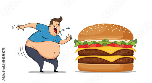 Overweight man in a blue shirt running with excitement towards a massive cheeseburger, with saliva flying as he anticipates his meal.