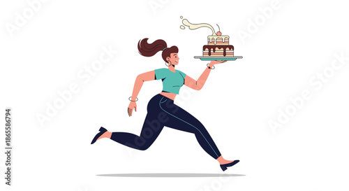 Energetic waitress in a green top and blue pants running quickly while balancing a large, dripping chocolate cake on a serving tray.
