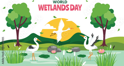 World Wetlands Day Illustration with Storks in a Marshland Habitat, Nature Conservation Banner