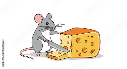 Cute cartoon gray mouse carefully using a large kitchen knife to slice a piece of yellow Swiss cheese with many holes on a white background.