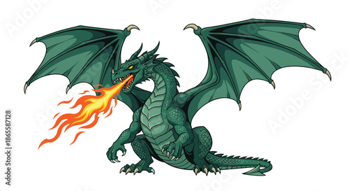 Majestic green dragon with large wings and sharp claws breathing a powerful stream of orange fire while standing on a clean white background.