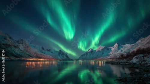 Aurora borealis lights up mountains reflected in tranquil water under a star-filled night sky