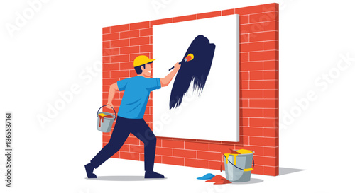Professional painter wearing a yellow hard hat and blue shirt carefully applying dark paint to a white canvas on a red brick wall background.