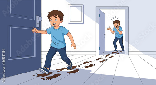 Worried young boy leaves a trail of muddy footprints on a white floor as another person looks on with shock from a doorway in the background.