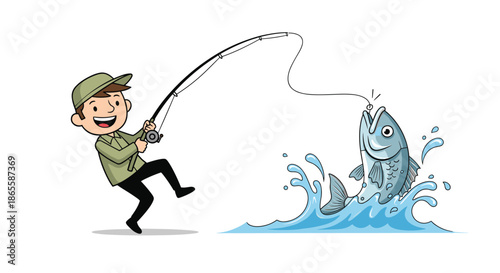 Excited man in a green shirt and cap successfully catching a large jumping fish with his fishing rod on a bright sunny day by the water.