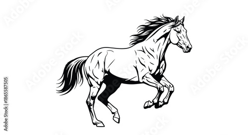 Artistic black and white sketch of a horse galloping quickly with its mane and tail flowing in the wind against a white background.