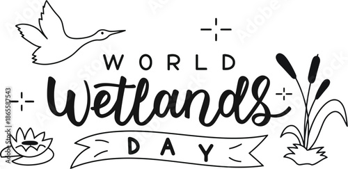 World Wetlands Day Linear Illustration with Calligraphy Text Featuring a Flying Heron, Reeds and a Water Lily Flower