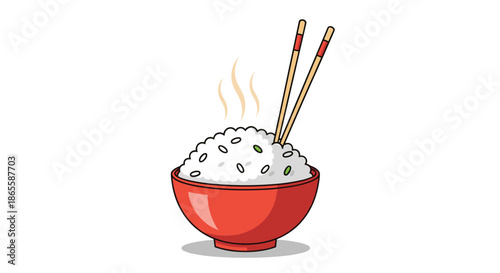 Steaming hot bowl of white rice garnished with green onions and a pair of wooden chopsticks resting inside a red ceramic bowl.