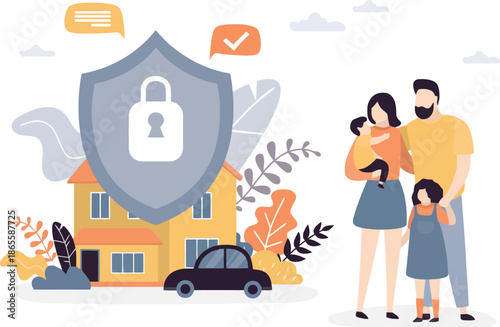Family Protection and Insurance Concept with Shield and Padlock over House and Car Illustration