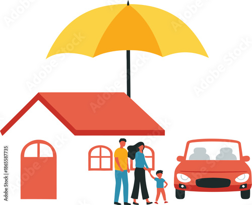 Insurance Coverage Concept with Umbrella Protecting Family, Home, Car and Medical Health Shield
