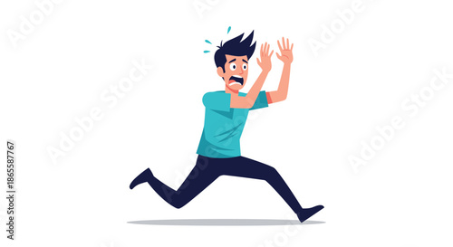Terrified man in a teal shirt and dark pants running away with his hands up and a shocked expression on his face.