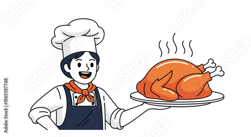 Smiling male chef in a white uniform and blue apron presenting a large steaming roasted turkey on a white platter.