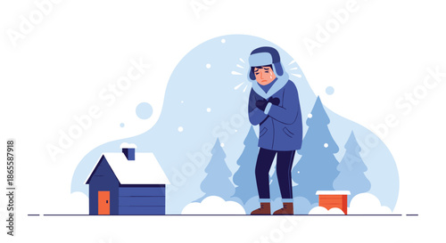 Cold man dressed in heavy winter gear shivering and hugging himself during a snowy storm outside a small wooden cabin.