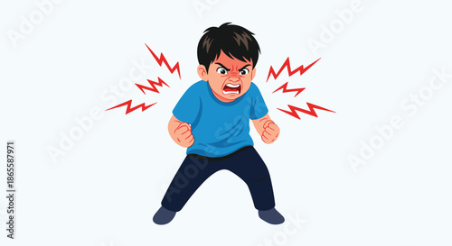 Angry young boy shouting with clenched fists and red lightning bolt symbols around him expressing immense rage and extreme frustration.