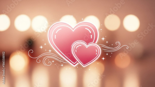 A vector graphic illustration of two pink hearts with white outlines and decorative swirls on a blurred background