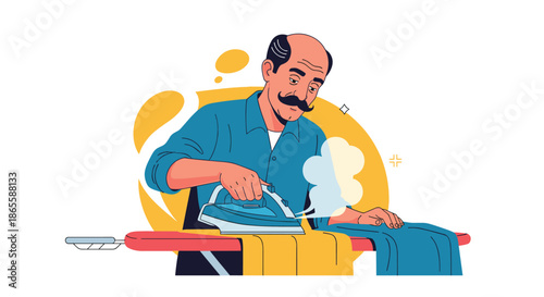 Middle aged man with a mustache focused on ironing a piece of yellow fabric on an ironing board with clouds of rising steam visible.