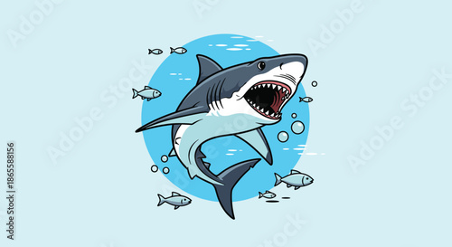 Powerful great white shark swimming in deep blue ocean water with an open mouth surrounded by small fish and air bubbles in a marine ecosystem.