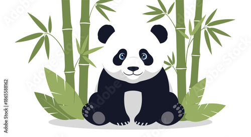 Cute giant panda bear sitting comfortably in the middle of a dense green bamboo forest with large tropical leaves at its base.