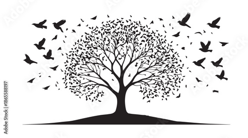 A black silhouette of a tree with birds flying around it on a white background, symbolizing freedom and nature, illustration, graphic design element