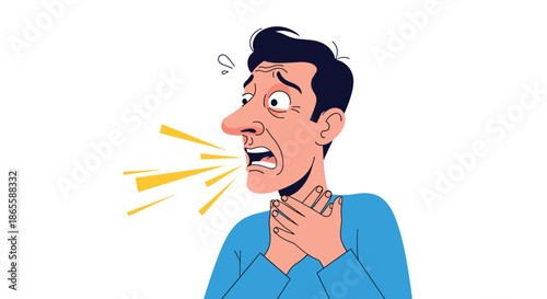 Alarmed man clutching his throat while coughing or choking, with bright yellow lines indicating sound or sudden physical distress.