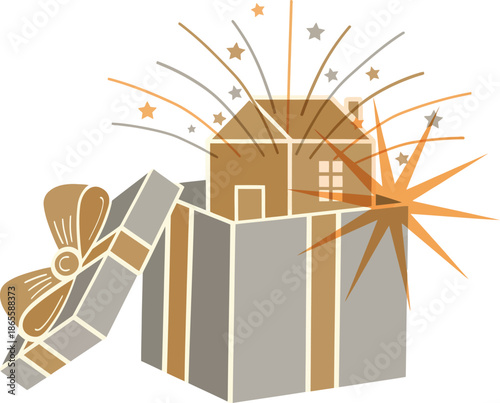 Real Estate Concept Illustration of a House Emerging from an Opened Gift Box with Festive Stars and Fireworks