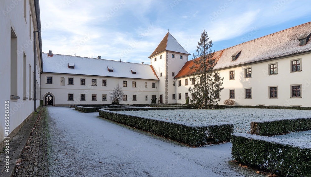 Obraz premium Snowy courtyard of a historic building complex with a tower and manicured gardens under a clear sky