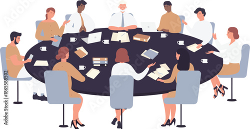 Group of diverse professional men and women sitting around a large oval table for a corporate business meeting.