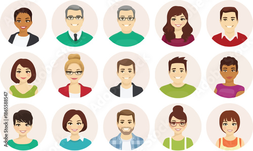 Collection of 15 diverse headshot avatars and portraits for social media profiles and professional identity icons.