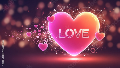A vibrant pink heart with the word love surrounded by smaller hearts and sparkling lights