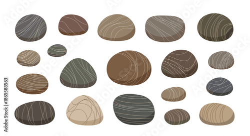 Wide variety of smooth river stones and pebbles in different shapes, sizes, and natural earth tones isolated on a white background.
