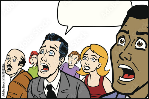 Pop art comic book style illustration of a diverse group of people looking up with shocked and surprised facial expressions.
