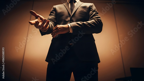 Man in dark suit adjusting sleeve with one hand extended forward