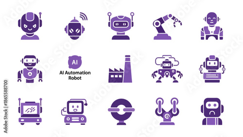 AI Robot and Industrial Automation Icon Set, Smart Robot Characters and Future Technology Vector Collection