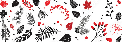 Collection of Winter and Autumn Botanical Elements Featuring Berries, Pine Cones, and Various Leaves in Red and Black
