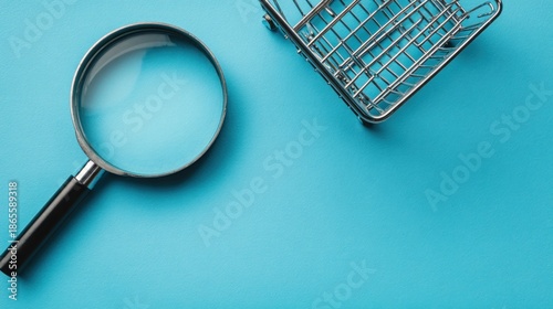 Wallpaper Mural Magnifying glass & shopping cart sit atop a bright blue surface from a bird's-eye view Torontodigital.ca