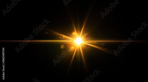 A bright, golden-yellow light source explodes from the center, creating starburst rays and circular flares against a dark void