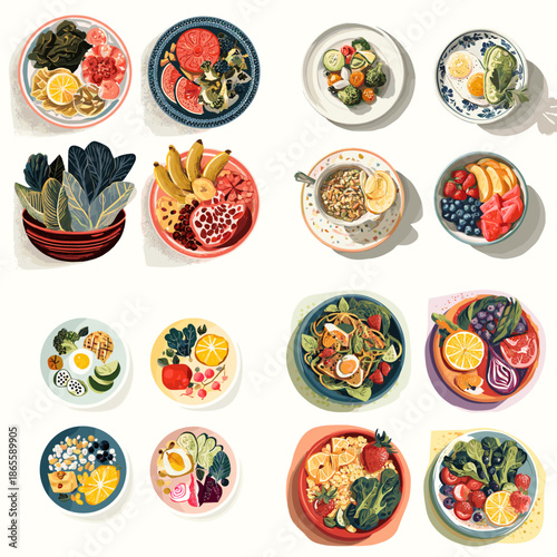Colorful watercolor food illustration set with diverse meals fruits salads and grains presented in round plates for healthy eating and lifestyle design use