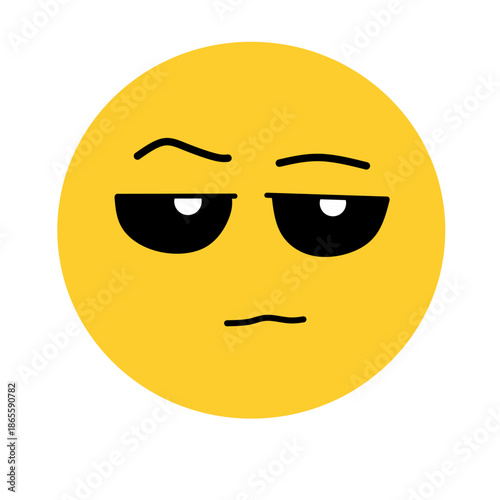 Skeptical and suspicious yellow emoji face with raised eyebrow and flat mouth.
