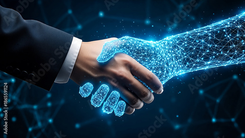 Human hand shaking digital network abstract blue light connection handshake technology