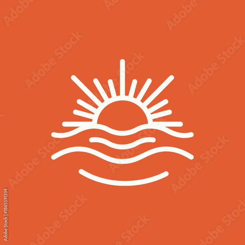Simple white sunrise or sunset illustration on orange background.