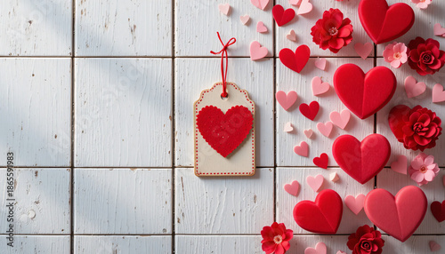 Valentine's day gift tag with red hearts and flowers on white wooden background for love with card