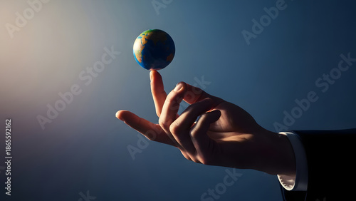 Miniature globe balanced precariously on a fingertip with dramatic lighting earth