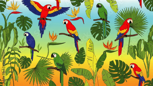 Colorful Tropical Parrots in Jungle Foliage.
