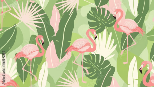 Pink Flamingos Standing Among Tropical Leaves.