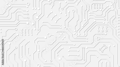 Abstract white technology background with embossed circuit board lines and geometric microchips