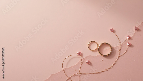 Romantic wedding rings flat lay on pink background with delicate golden vines and heart shaped